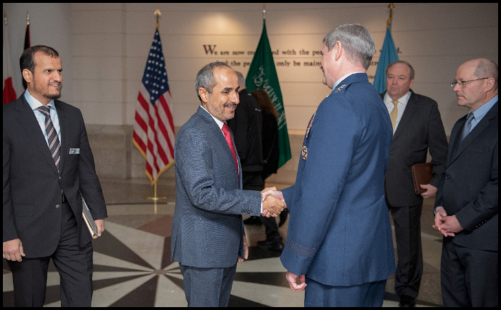 LTG Michael Plehn, NDU President, welcomes Major General Mohammed J. Alruwaili, AFCSC Commandant and President of Saudi Arabia National Defense University, and BG Hassan Al Malki, Saudi SIO Program Director, to NDU.