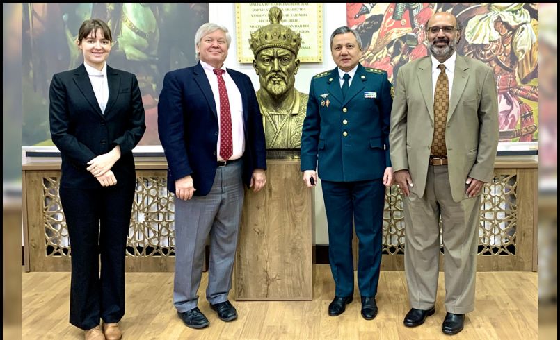 From the left: Research Assistant Michelle Hanssen, Dean Dr. Roger Kangas, Head of the Academy of the Ministry of Internal Affairs of the Republic of Uzbekistan Khatamov Rustam, and Professor Dr. Hassan Abbas.