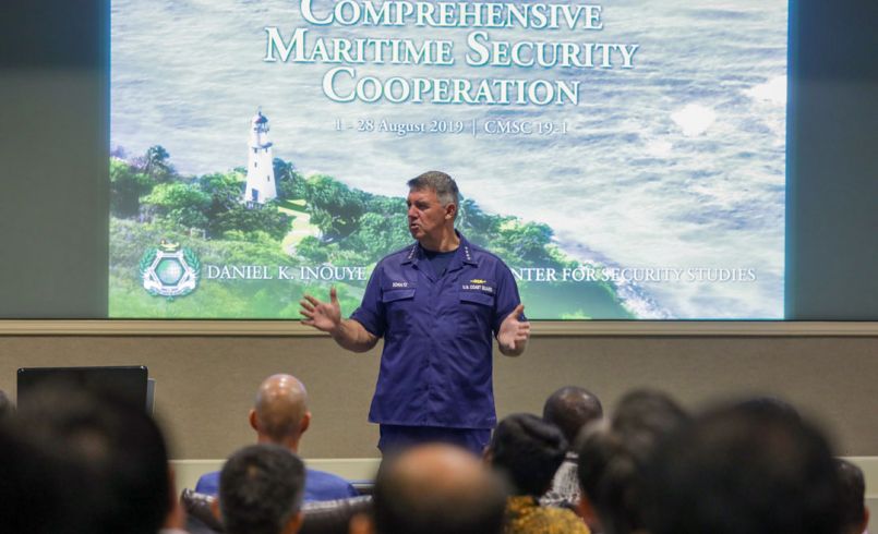 Adm. Karl Schultz provides a keynote presentation Aug. 21 on the challenges of the U.S. Coast Guard mission to CMSC 19-1.