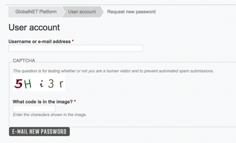 Screen shot of forgot password screen