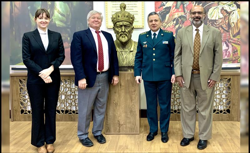 From the left: Research Assistant Michelle Hanssen, Dean Dr. Roger Kangas, Head of the Academy of the Ministry of Internal Affairs of the Republic of Uzbekistan Khatamov Rustam, and Professor Dr. Hassan Abbas.